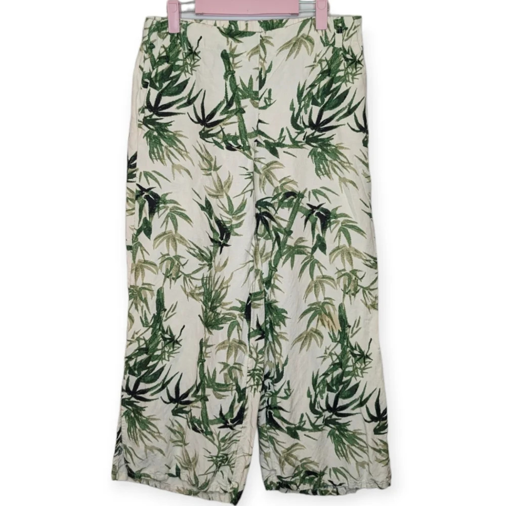 J Jill Cream Tropical Leaf Plant Patterned Linen Blend Wide Leg Pants Women S